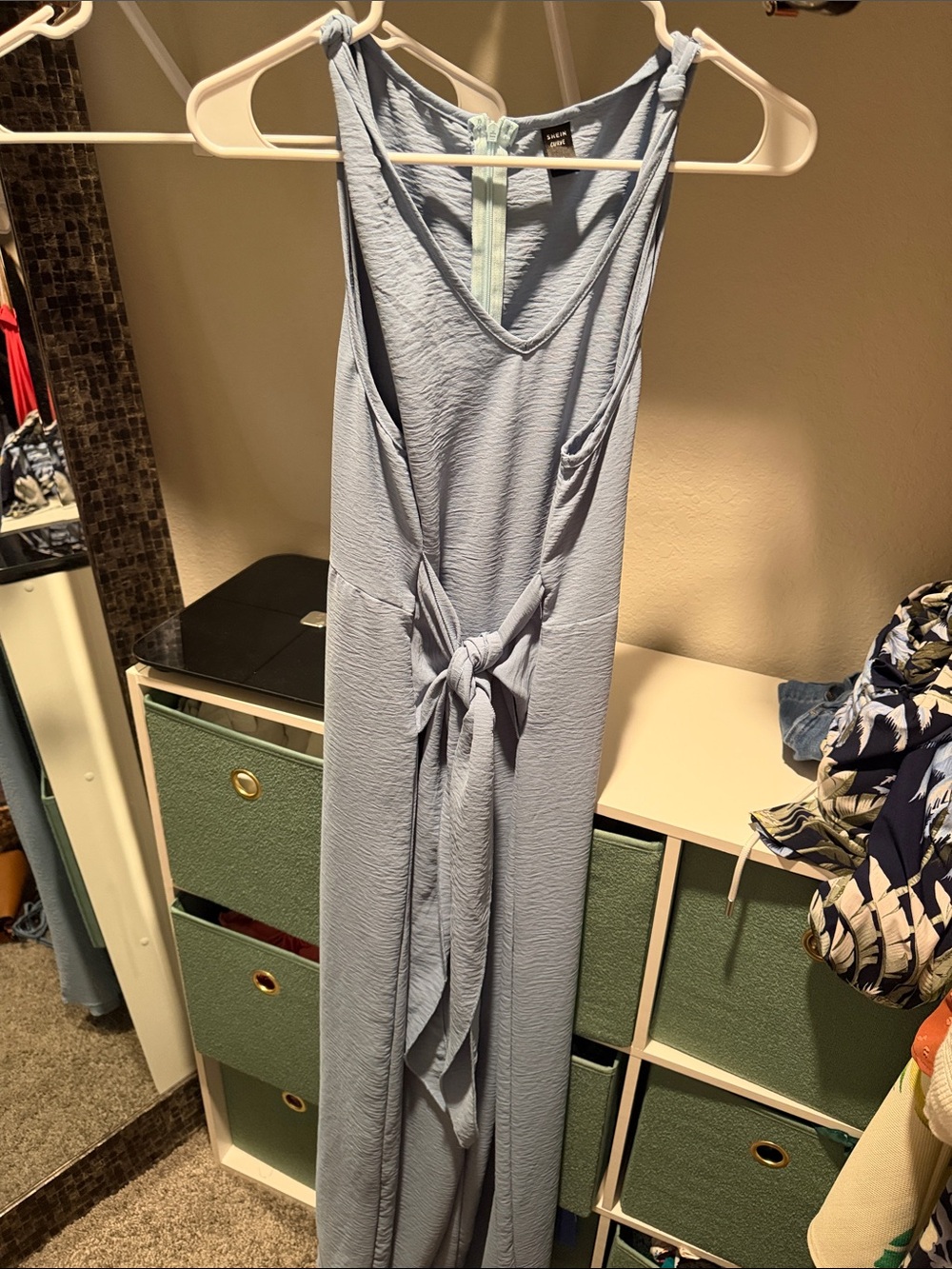 SHEIN Pale Blue Textured Sleeveless Tie-Front Jumpsuit